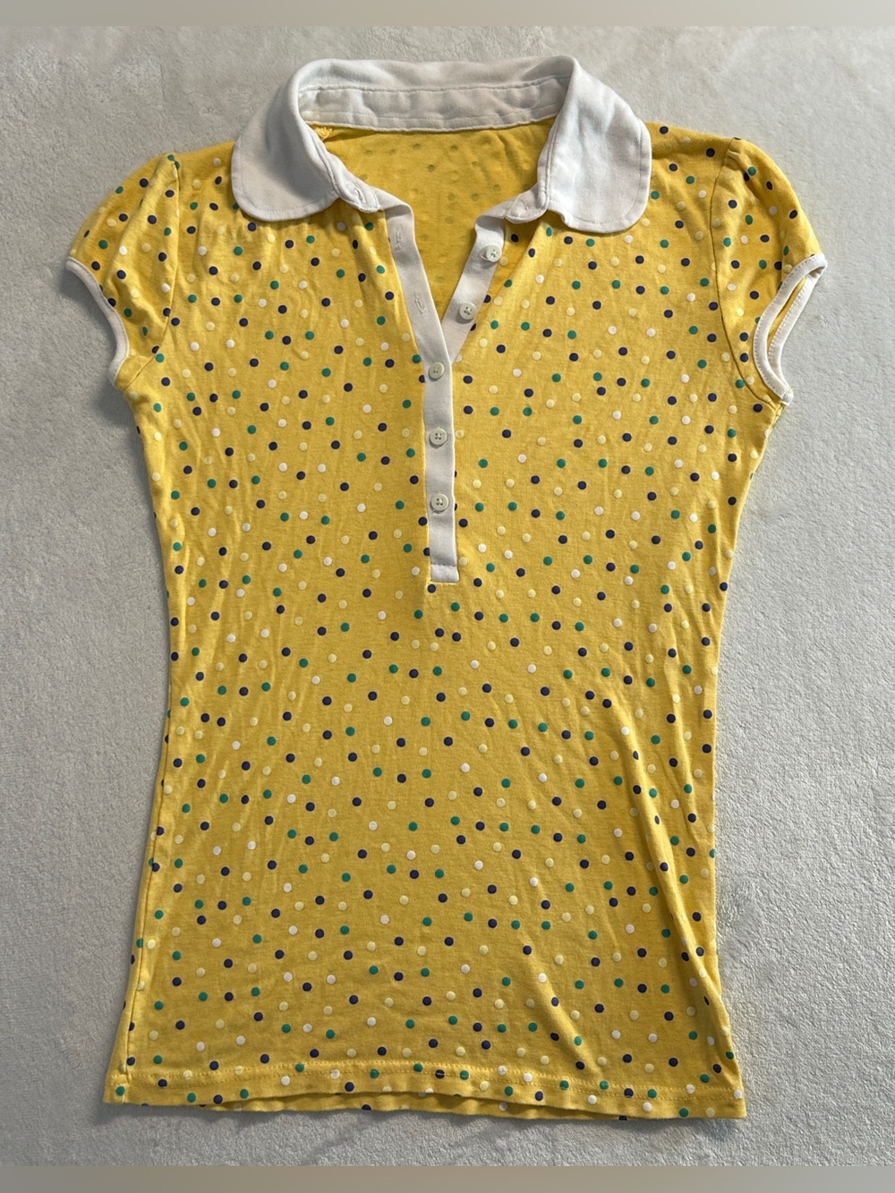 Y2K women's yellow white polka dot polo tee, S.